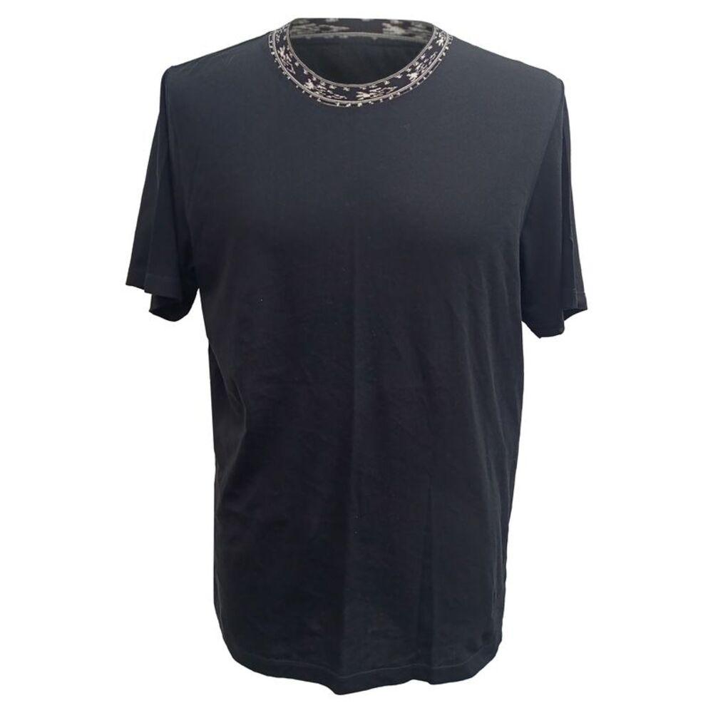 Saint Laurent Patterned-Knit Neckline T-Shirt in Black Cotton